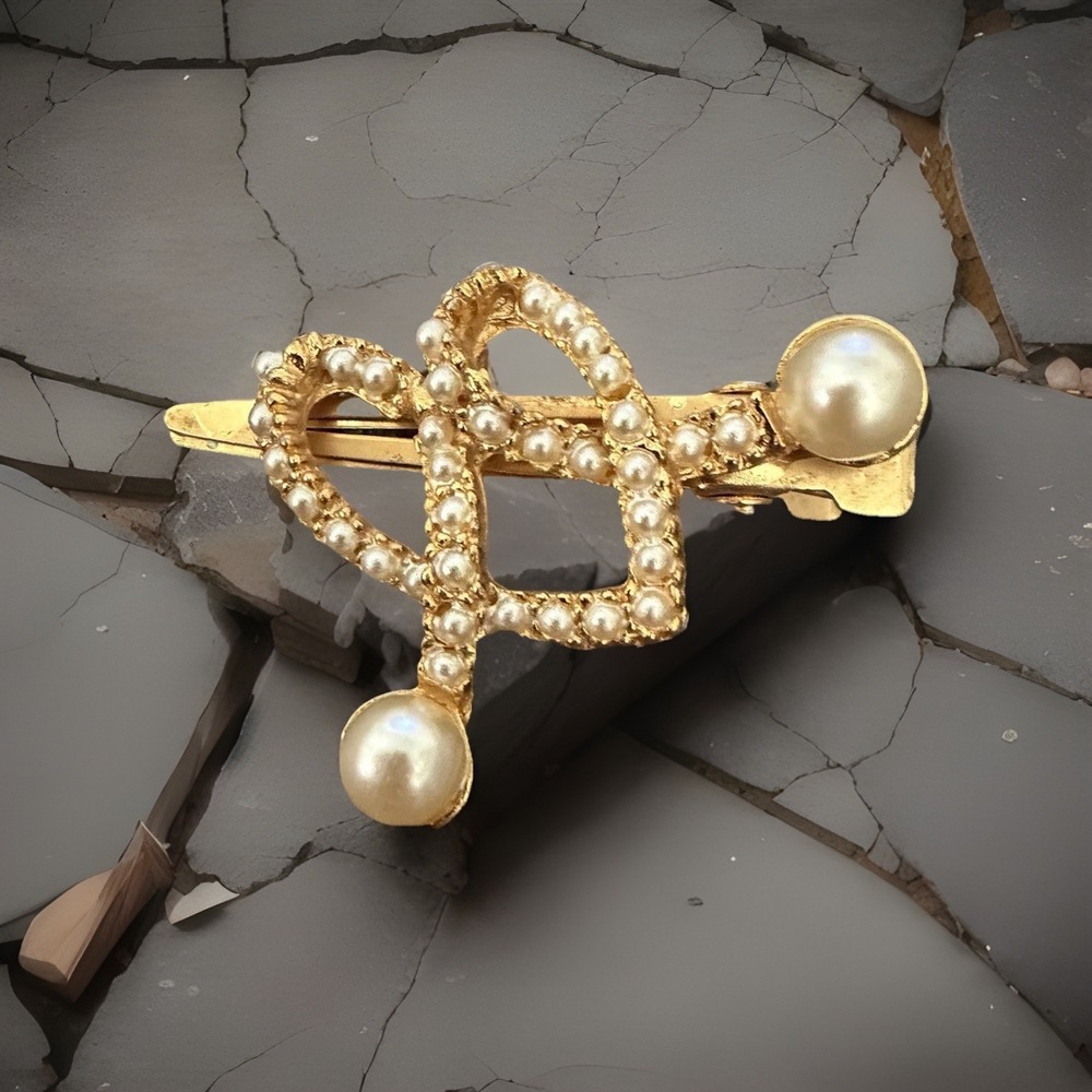 Heritage Hair Clip/Barette:faux pearls & rhinestones, Gayla Heart Knot Design